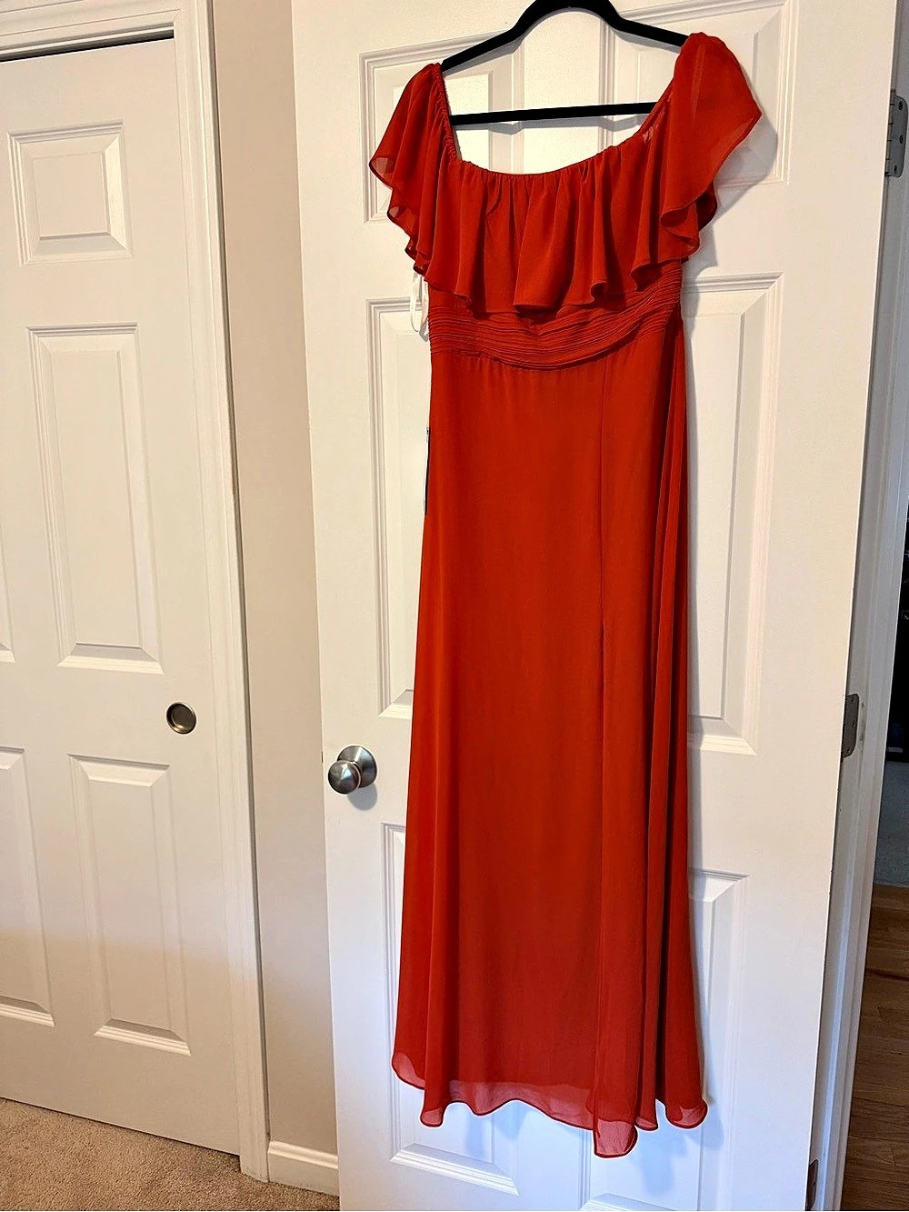 Ever Pretty Off-The-Shoulder Ruffle Split Long Chiffon Evening Dress Orange Size